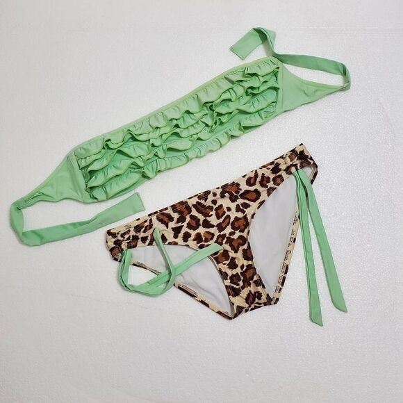 Gianni Bini Ruffle Bandeau Strapless Seafoam Green Leopard Print Bikini - Picture 1 of 9